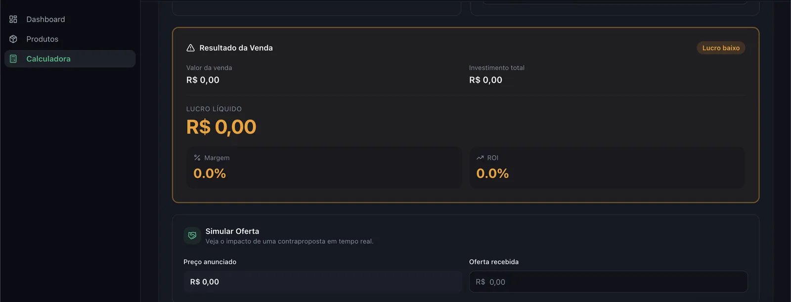 Calculadora de lucro do Brique Flow mostrando resultado da venda, lucro líquido, margem, ROI e simulador de oferta